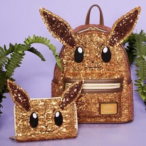 New Loungefly Pokémon Exclusive Eevee Sequin Cosplay Mini Backpack And Wallet